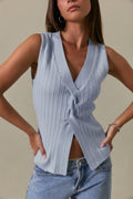 TWISTED FRONT V-NECK SLEEVELESS SWEATER TOP
